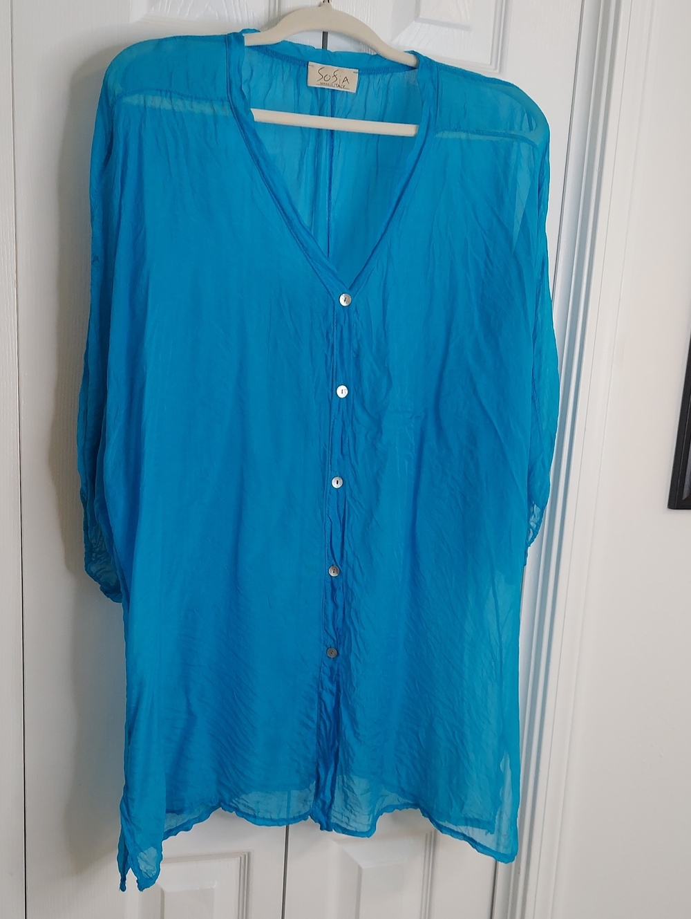 Sofia Tunic Coverup, Size L, Electric Blue, Sheer, 3/4 Sleeve, Buttons